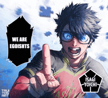 a drawing of a boy with glasses and the words " we are egoists "