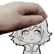 a hand is holding a cartoon character 's head in front of a white background .