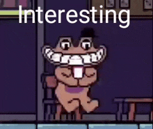 a cartoon character with a big mouth is standing in a room with the words `` interesting '' written above him .