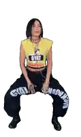 a woman wearing a yellow shirt that says gyat homeboy