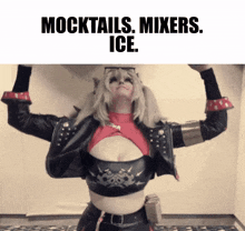 a woman in a costume with the words " mocktails mixers ice " on the bottom