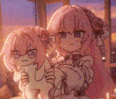 a girl with pink hair is holding a stuffed animal .