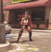a video game character is standing in front of a building with a sign that says by the slice