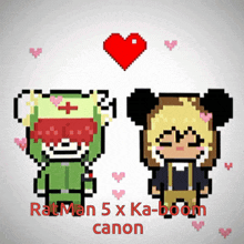 a pixel art of a man and a woman with the words ratman 5 x ka-boom canon on the bottom