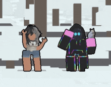 a pixel art drawing of a girl and a robot