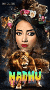 a poster of a woman with a lion and the name madhu on it