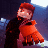 a cartoon character in a suit and tie holding a red block