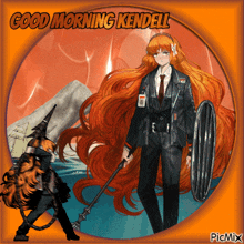 a good morning kendall greeting card with a woman in a suit and tie