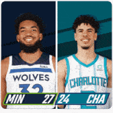 two basketball players one from the wolves and the other from the charlotte are shown