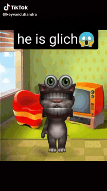 a cartoon cat is standing in a room with the words he is glich written above it