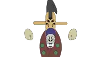a cartoon drawing of a totem pole with a purple mouth
