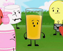 a group of cartoon characters including a glass of orange juice with a surprised face