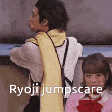 a man and a girl are standing next to each other and ryoji jumpscare is written on the bottom