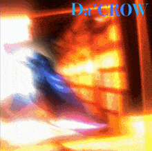 a blurry picture of a bird with the word da crow in blue
