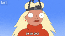 a cartoon character says oh my god in front of a blue sky