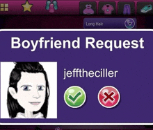 a purple sign that says boyfriend request with a picture of a man