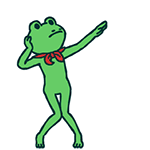 a green frog wearing a red scarf is standing on its hind legs .