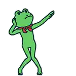a green frog wearing a red scarf is standing on its hind legs .