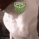 a close up of a person 's face with a safuu logo on it