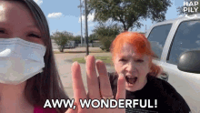 two women wearing masks are standing next to each other and one of them is saying aww wonderful .