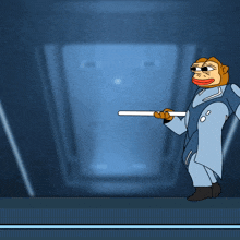 a cartoon character is holding a stick in his hand