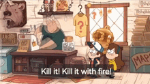 a cartoon scene with the words kill it kill it with fire on the bottom