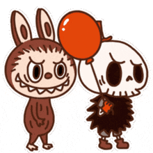 a cartoon drawing of a monster and a skeleton with balloons