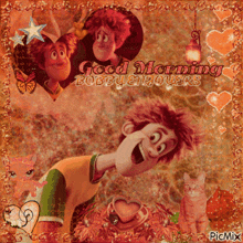 a good morning bobby enjoyers card with cartoon characters and hearts