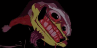 a cartoon character with blood dripping from his mouth and a santa hat on .