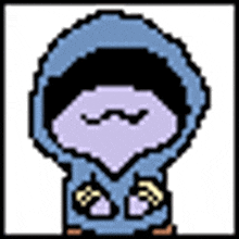 a pixel art illustration of a person wearing a blue jumpsuit with a purple head .