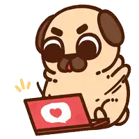 a cartoon pug dog is holding a laptop with a heart on it