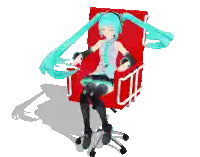 a girl with long blue hair is sitting on a red chair
