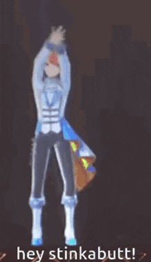 a cartoon character is standing with his arms in the air and says `` hey stinkabutt ! ''