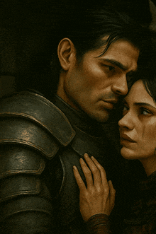 a man in armor holds a woman 's hand while they look at each other