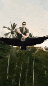 a man is sitting on top of an eagle with its wings outstretched