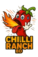 a logo for chilli ranch bd shows a cartoon chili with flames coming out of its mouth