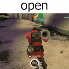 a man holding a trumpet in a video game with the word open above him