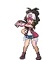 a pixel art of a girl in shorts and a hat holding a gun .