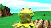 a kermit frog with a yellow collar is standing in a field