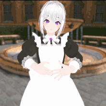a girl with white hair and purple eyes is wearing a maid costume