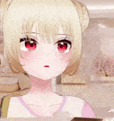 a blonde anime girl with red eyes and a bun on her head