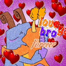 a picture of two cartoon characters hugging with the words love brooks forever surrounded by hearts