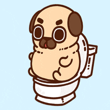 a pug dog sitting on a toilet with a surprised look on its face