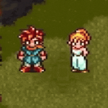 a pixel art of a boy and a girl standing next to each other in a field .