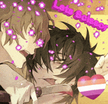 a couple of anime characters kissing with the words love school above them