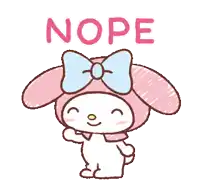 a drawing of a pink bunny with a blue bow and the word nope above it