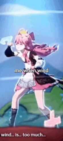 a girl with pink hair and a crown on her head is dancing in the wind .