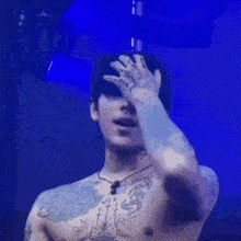 a shirtless man with a lot of tattoos on his torso