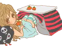 a pixel art of a girl laying under a table