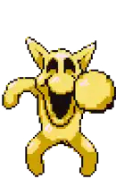 a pixel art drawing of a yellow monster with a big smile